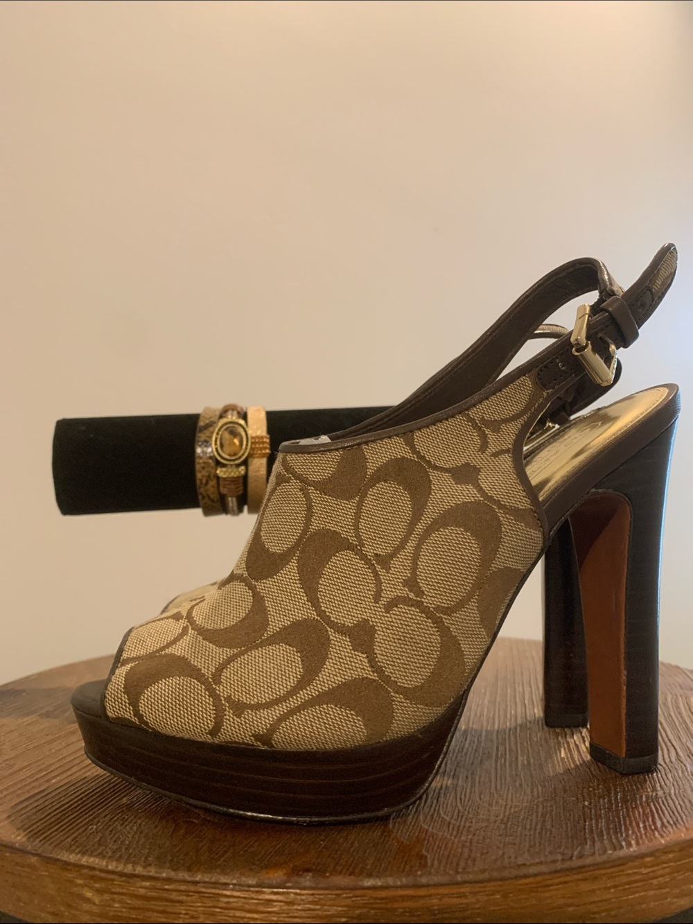 Coach Khaki and Brown Signature Canvas Peep-Toe Slingback Heels with bracelet